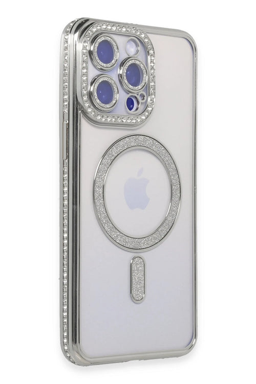 Newface Apple iPhone 14 Pro Max Kılıf Joke Simli Magneticsafe Kılıf - Gümüş