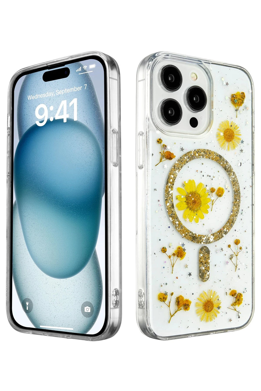 Newface Apple iPhone 15 Pro Kılıf Daisy Simli Magsafe Kapak - Gold