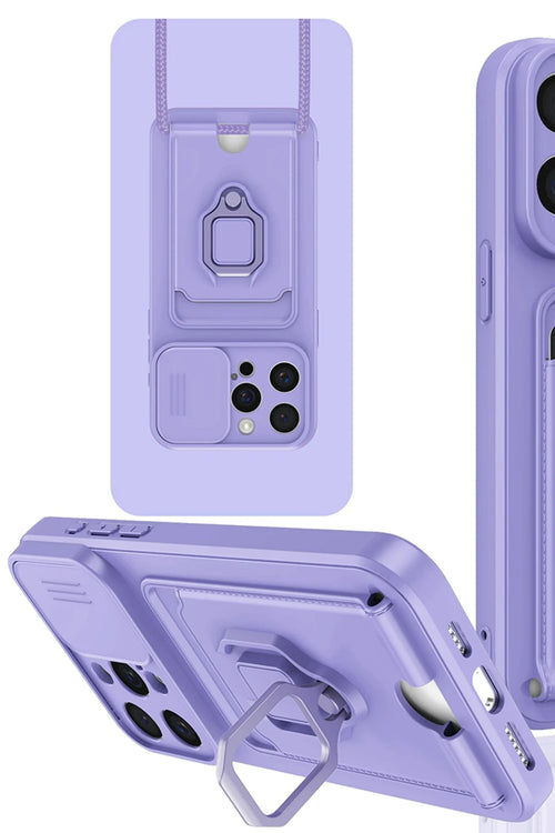 Newface Apple iPhone 15 Pro Kılıf Zuma Kartvizitli Yüzüklü Silikon - Lila