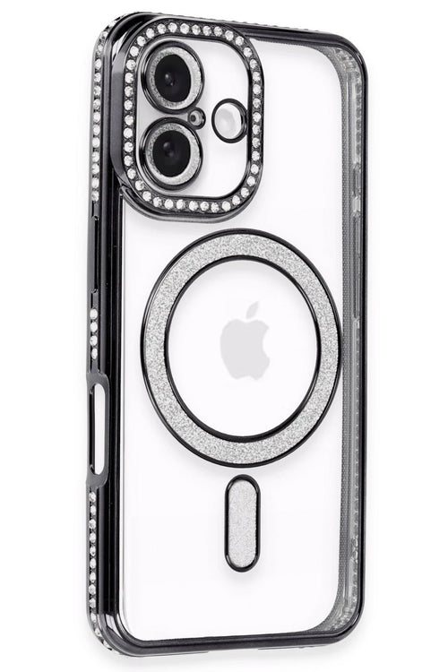 Newface Apple iPhone 16 Kılıf Joke Simli Magneticsafe Kılıf - Siyah