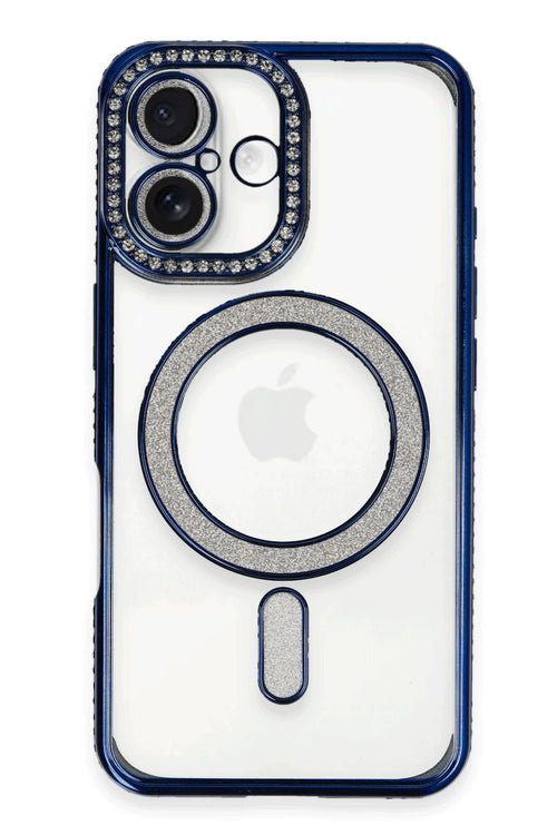 Newface Apple iPhone 16 Plus Kılıf Joke Simli Magneticsafe Kılıf - Lacivert