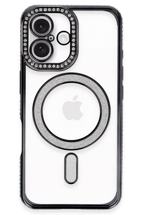 Newface Apple iPhone 16 Plus Kılıf Joke Simli Magneticsafe Kılıf - Siyah